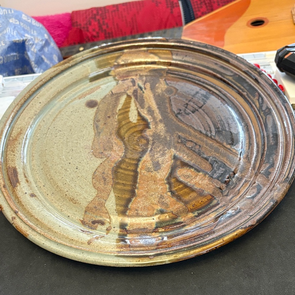 Artistic Vintage Ceramic Large Plate with Earthy Tones